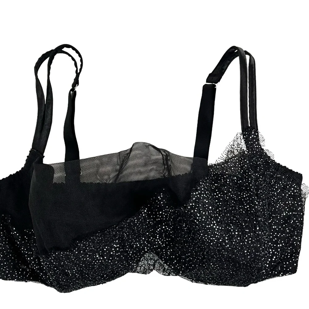Cacique Asymmetrical Lace Hidden Wire French Balconette Black Sparkle size 40DDD